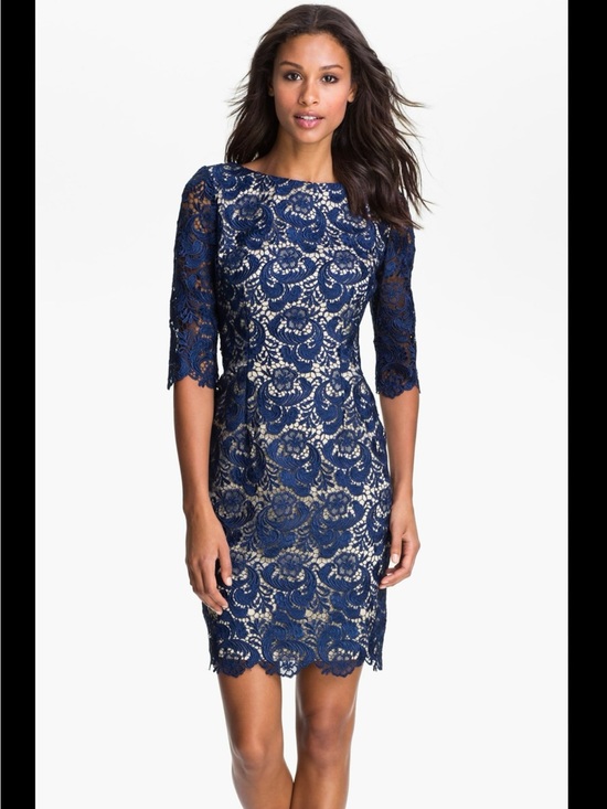 Eliza J Dresses & Skirts - Eliza J Blue Lace Dress with Nude Lining and Three-Quarter Sleeves Size 10